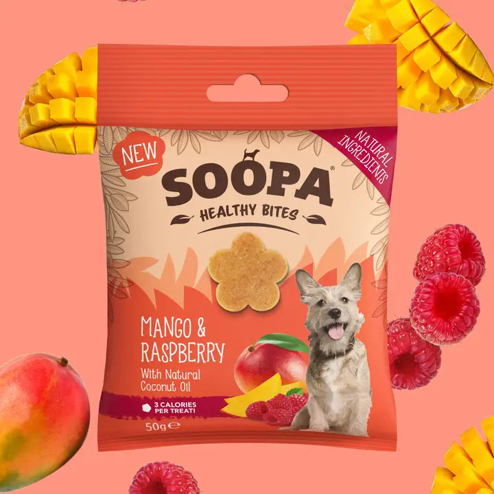 Premios para perros sabor mango y frambuesa de Soopa