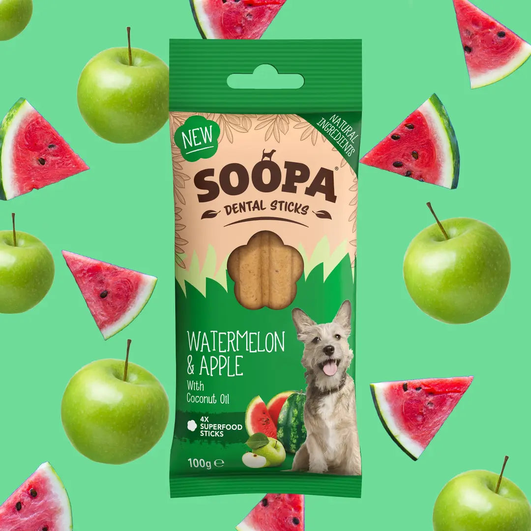 Palitos dentales para perros sabor sandía y manzana de Soopa
