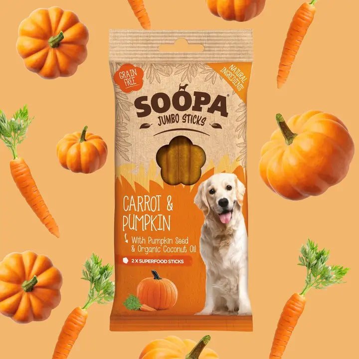 Palitos dentales jumbo para perros con zanahoria y calabaza de Soopa